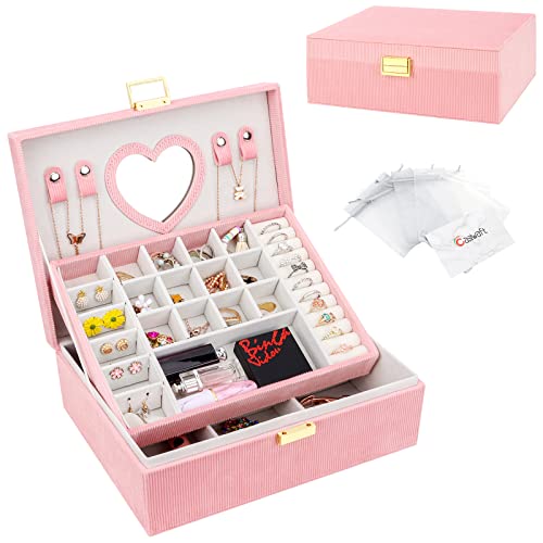 Schmuckkasten, Großer Schmuckkästchen mit Spiege für Damen Mädchen, Samt Schmuckbox Schmuckschatulle Groß Schmuck Organizer für Ringe Ohrringe Armbänder Halsketten, Rosa von Casiwaft