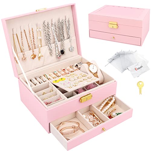 Schmuckkasten, Schmuckkästchen mit 2 Ebenen mit Schubladen, PU-Leder Schmuckbox Schmuckschatulle Groß Schmuck Organizer für Ringe Ohrringe Armbänder Halsketten, Rosa von Casiwaft