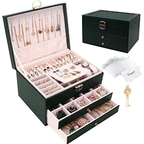 Schmuckkasten, Schmuckkästchen mit 3 Ebenen mit Schubladen, PU-Leder Schmuckbox Schmuckschatulle Groß Schmuck Organizer für Ringe Ohrringe Armbänder Halsketten, Dunkelgrün von Casiwaft