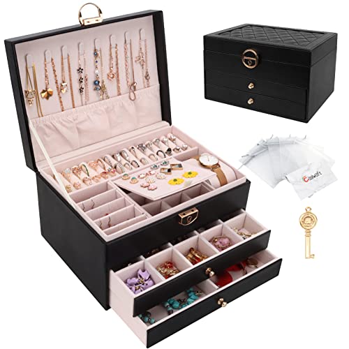 Schmuckkasten, Schmuckkästchen mit 3 Ebenen mit Schubladen, PU-Leder Schmuckbox Schmuckschatulle Groß Schmuck Organizer für Ringe Ohrringe Armbänder Halsketten, Schwarz von Casiwaft