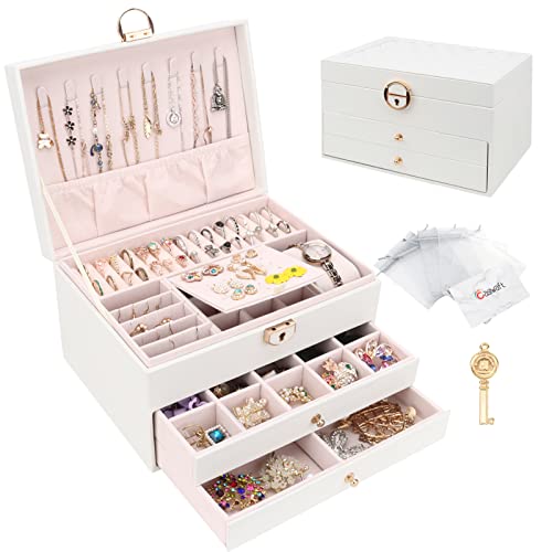 Schmuckkasten, Schmuckkästchen mit 3 Ebenen mit Schubladen, PU-Leder Schmuckbox Schmuckschatulle Groß Schmuck Organizer für Ringe Ohrringe Armbänder Halsketten, Weiß von Casiwaft