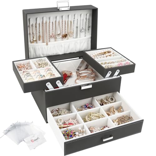 Schmuckkasten, Schmuckkästchen mit Schubladen für Damen Mädchen, PU-Leder Jewelry Box Schmuckbox Schmuckschatulle Groß Schmuck Organizer für Ringe Ohrringe Armbänder Halsketten, Grau von Casiwaft