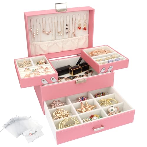 Schmuckkasten, Schmuckkästchen mit Schubladen für Damen Mädchen, PU-Leder Jewelry Box Schmuckbox Schmuckschatulle Groß Schmuckaufbewahrung für Ringe Ohrringe Armbänder Halsketten, Rosa von Casiwaft