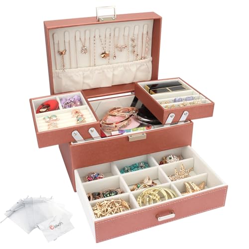 Schmuckkasten, Schmuckkästchen mit Schubladen für Damen Mädchen, PU-Leder Jewelry Box Schmuckbox Schmuckschatulle Groß Schmuck Organizer für Ringe Ohrringe Armbänder Halsketten, Roségold von Casiwaft