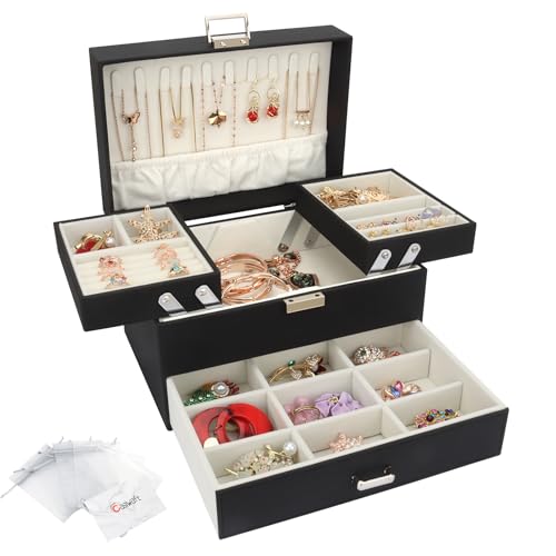 Schmuckkasten, Schmuckkästchen mit Schubladen für Damen Mädchen, PU-Leder Jewelry Box Schmuckbox Schmuckschatulle Groß Schmuckaufbewahrung für Ringe Ohrringe Armbänder Halsketten, Schwarz von Casiwaft