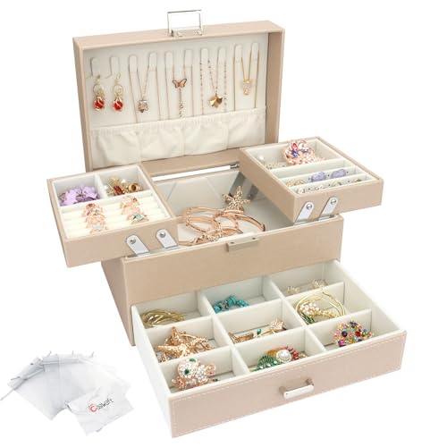 Schmuckkasten, Schmuckkästchen mit Schubladen für Damen Mädchen, PU-Leder Jewelry Box Schmuckbox Schmuckschatulle Groß Schmuckaufbewahrung für Ringe Ohrringe Armbänder Halsketten, Beige von Casiwaft