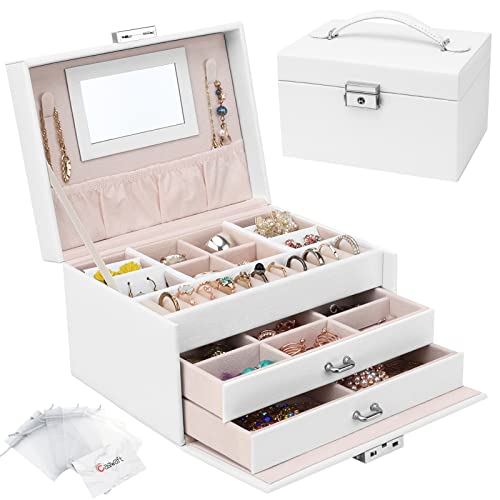 Schmuckkasten, Schmuckkästchen mit Schubladen für Damen Mädchen, PU-Leder Schmuckbox Schmuckschatulle Groß Schmuck Organizer für Ringe Ohrringe Armbänder Halsketten, Weiß von Casiwaft