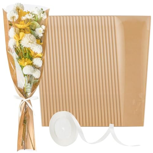 Casstad 50er-Pack Blumenhüllen für Blumensträuße, Blumenpapier, Kraftpapier, Blumenverpackungsbeutel mit Bändern für Floristen, Hochzeiten, Einfach Anzubringen von Casstad
