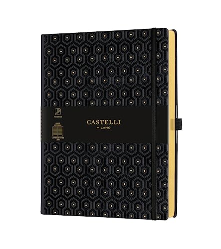 Castelli Milano Notizblock 25x19cm 192 Seiten kariert | Brulion Zeichenbuch | Zum Schreiben der Kalligraphie Schule Studium Arbeit | FSC Satin Lesezeichen Verschlussgummi | Honeycomb Gold von Castelli