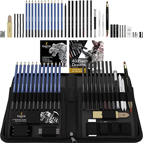 Castle Art Supplies 40-teiliges Premium-Zeichen- und Skizzier-Set mit Anleitung | Für Künstler, Profis oder Anfänger | Zeichenstifte, Kohle, Graphit und mehr | Im übersichtlichen Reißverschlussetui von Castle Art Supplies