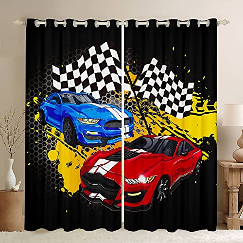 Rennauto-Fenstervorhänge, Sportwagen-Vorhang, schwarz-weiß Gitter-Fenster-Vorhänge für Kinder, Teenager, Jungen, junge Mann, rot-blau, Renn-Themen-Vorhang 271x213 cm (BxL). von Castle Fairy