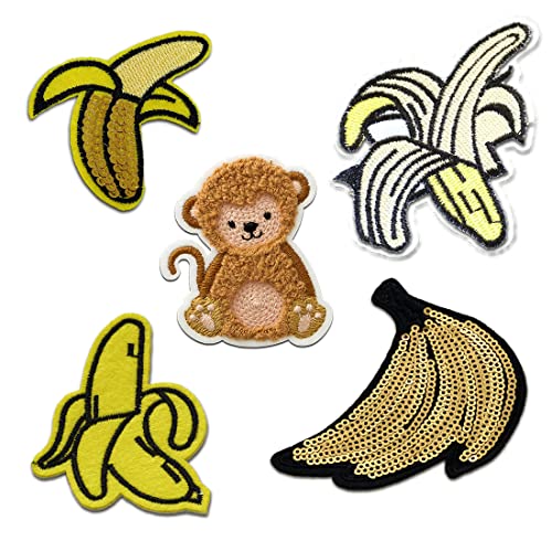 Aufnäher für Kinder - Bananen Set 5 Stück Frucht Obst - Aufnäher, Bügelbild, Aufbügler, Applikationen, Patches, Zum Aufbügeln von Catch the Patch