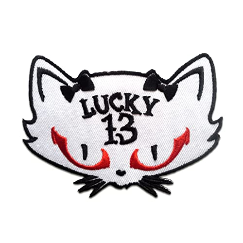 Katze Lucky 13 Biker - Aufnäher, Bügelbild, Aufbügler, Applikationen, Patches, Flicken, Zum Aufbügeln, Größe: 6,5 x 9,2 cm, Farbe:weiß von Catch the Patch