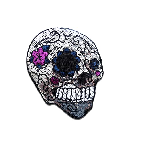 XL Totenkopf mit Pailletten - Aufnäher, Bügelbild, Aufbügler, Applikationen, Patches, Flicken, zum aufbügeln, Größe: 22,5 x 17,3 cm von Catch the Patch