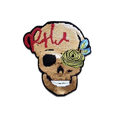 XXL Totenkopf Rose mit Wendepailletten - Aufnäher, Applikationen, Patches, Flicken, zum aufnähen, Größe: 30,6 x 26,7 cm von Catch the Patch