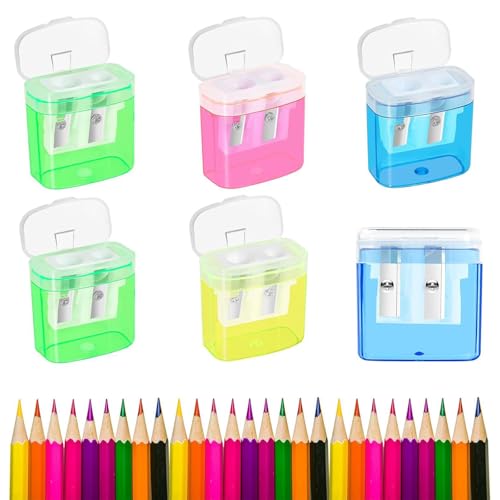 Catelves 6 Stück 4 Farben Anspitzer mit Behälter,Anspitzer Kinder, Bleistiftspitzer, Bunter Doppelloch-Bleistiftspitzer und Manueller Pencil Sharpener, Oval Spitzer für Schule Büro von Catelves