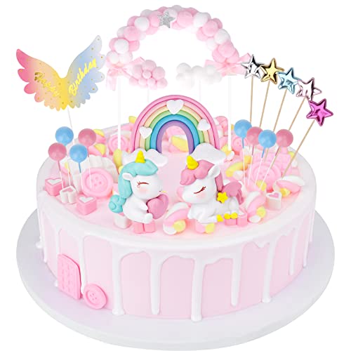 Catelves 20 Stück Einhorn Tortendeko Einhorn Kuchendeko Mädchen, Regenbogen Tortendeko Mädchen, Torte Einhorn Deko für Kinder, Happy Birthday Cake Topper mit Stern von Catelves