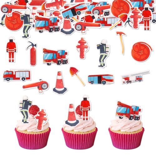 Catelves Feuerwehr Tortendeko Essbar,80 Stück Feuerwehrmann Deko Torte,Essbare Feuerwehrauto für Torte,Esspapier Tortendeko Feuerwehr,Cupcake Deko Essbar für Kindergeburtstag,Feuerwehr Kuchen Deko von Catelves