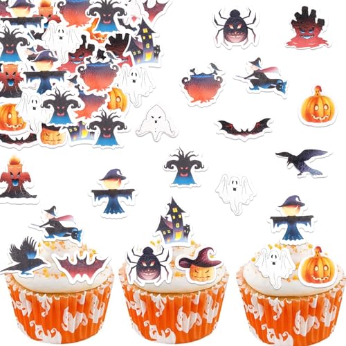 Catelves Halloween Tortendeko Essbar,48 Stück Essbare Halloween Deko Kuchen,Halloween Cupcake Topper,Fledermaus Muffin Deko Essbar,Esspapier Tortendeko,Essbare Halloween Deko Torte für Halloween Party von Catelves