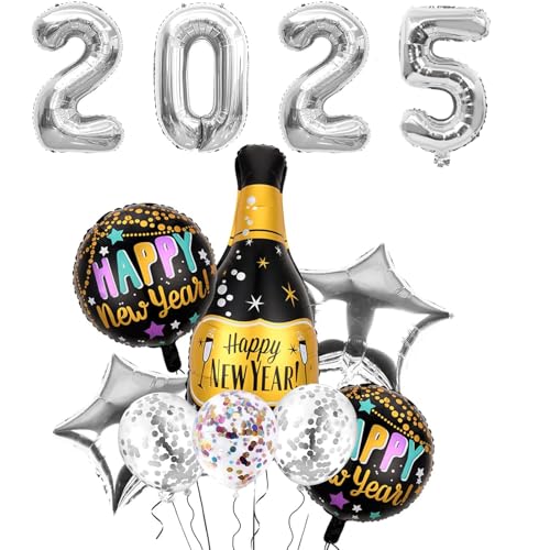 Catelves Silvester Deko 2025 Luftballon Dekoration Set, Neujahr Silvesterdeko Silber Ballons,Happy New Year Folienballon,Silvester Party Deko, Stern Ballons,Silvesterpartydeko Accessoire von Catelves