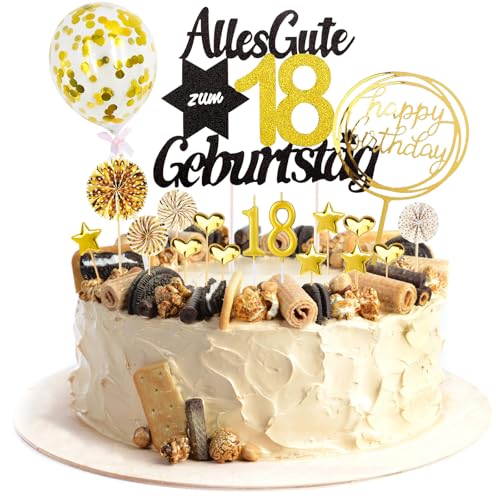 Catelves Tortendeko 18 Geburtstag Junge Mädchen,19 Stück Kuchen Deko 18 Geburtstag Junge mit Geburtstagskerze 18,Alles Gute zum 18 Geburtstag Torte Deko,Glitzer Cake Topper 18 Geburtstag Deko von Catelves