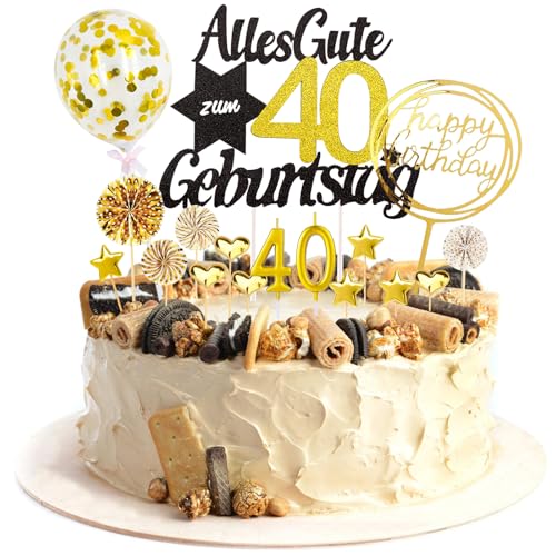 Catelves Tortendeko 40 Geburtstag Mann Frau,19 Stück Kuchendeko 40. Geburtstag mit Geburtstagskerzen 40,Glitzer Cake Topper 40. Geburtstag Mann,Happy 40th Birthday Topper,Torten Deko 40 jahre von Catelves