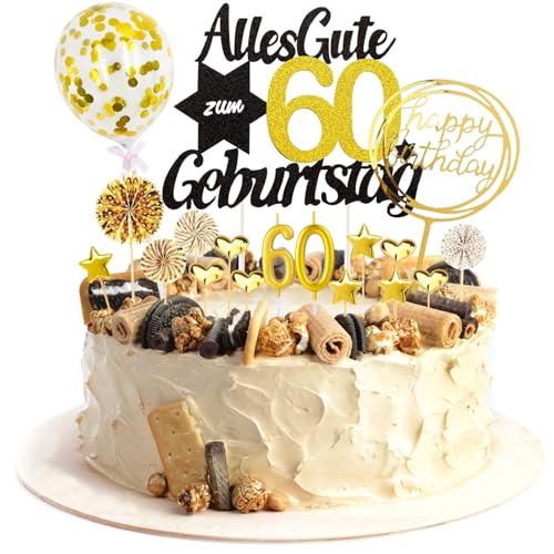 Catelves Tortendeko 60 Geburtstag Mann Frau,19 Stück Cake Topper 60 Geburtstag Deko,Glitzer Kuchendeko 60 Geburtstag Frau,Alles Gute zum 60 Geburtstag Torte Deko mit Geburtstagskerzen Stern Herz von Catelves