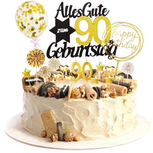 Catelves Tortendeko 90. Geburtstag Frau Mann,19 Stück Cake Topper 80 Geburtstag Deko Torte mit Geburtstagskerzen 90,Glitzer Kuchendeko 90. Geburtstag Frau,Alles Gute Zum 90. Geburtstag Torten Topper von Catelves