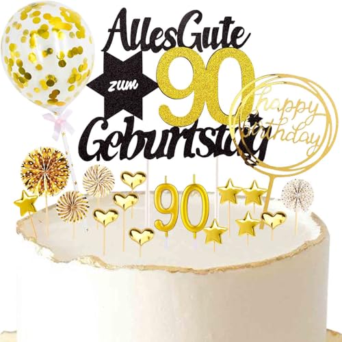 Catelves Tortendeko 90. Geburtstag Frau Mann,19 Stück Cake Topper 90 Geburtstag Deko Torte mit Geburtstagskerzen 90,Glitzer Kuchendeko 90. Geburtstag Frau,Alles Gute Zum 90. Geburtstag Torten Topper von Catelves