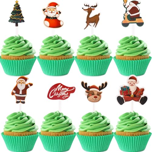 Catelves 32 Stück Weihnachten Tortendeko,Weihnachten Cupcake Toppers,Weihnachts Cake Topper,Merry Christmas Muffin Deko 8 Stile,Weihnachten Kuchendeko Weihnachtsbaum Elch,Dekoration Weihnachtsfeier von Catelves