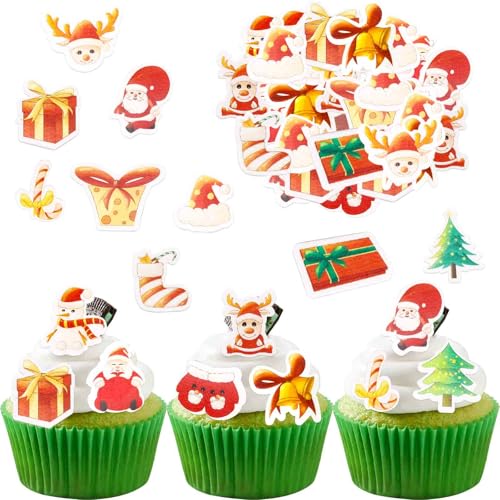 Catelves Essbare Tortendeko Weihnachten,48 Stück Kuchen Deko Weihnachten Essbar,Cupcake Topper Weihnachten,Esspapier Weihnachten Muffin Deko,Essbare Weihnachtsdeko Torte,Cake Topper Weihnachten von Catelves