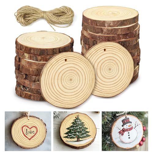 Catephe Unlackierte Holzscheiben zum Basteln, 20 Stück, runde Holzscheiben mit Baumrinde, 8,9–10,2 cm, Weihnachts-Holzornamente, Holzscheiben-Untersetzer mit 9,5 m Schnur für Weihnachtsdekoration von Catephe