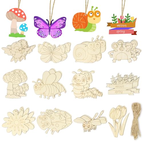 Catephe Unlackiertes Holzhandwerk, 36 Stück, Holzhandwerk zum Bemalen, 12 Stile, blanko, Frühlings-Ornamente zum Bemalen, Schmetterling, Libelle, Schnecke, Blumenform für Bastelarbeiten, von Catephe