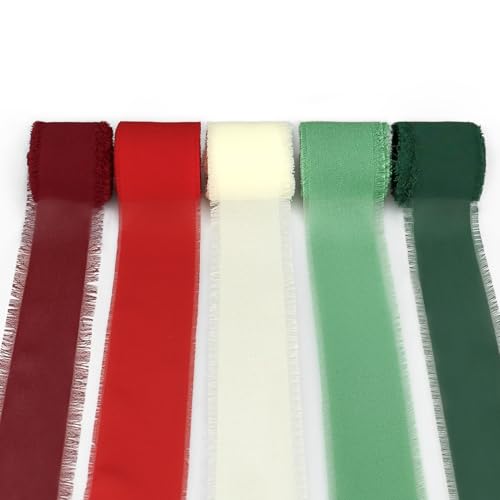 Catephe Weihnachts-Chiffon-Bänder, 4 cm x 27 m, Fransen, Weihnachts-Chiffon-Bänder, handgefertigtes Fransen-Chiffon-Seidenband für Weihnachtsverpackung, Brautsträuße, DIY Handwerk von Catephe