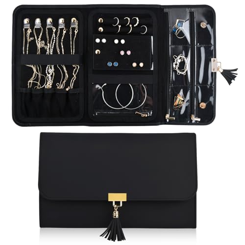 Schmuckrolle Organizer, Schmucktasche für Reisen Leder, 28x17,6cm, Faltbar Schmuck Aufbewahrungstasche Schmuckaufbewahrung Schmuckschatulle, Reise Schmuckhalter Ringe Ohrringe Halskette (Schwarz) von Catime