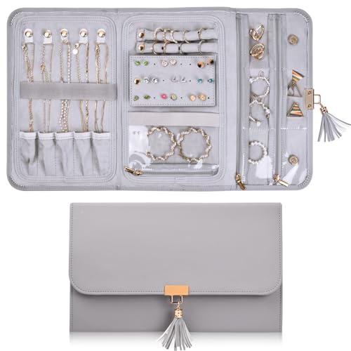 Schmuckrolle Organizer, Schmucktasche für Reisen Leder, 28x17,6cm, Faltbar Schmuck Aufbewahrungstasche Schmuckaufbewahrung Schmuckschatulle, Tragbarer Reise Schmuckhalter für Ringe Ohrringe Halskette von Catime