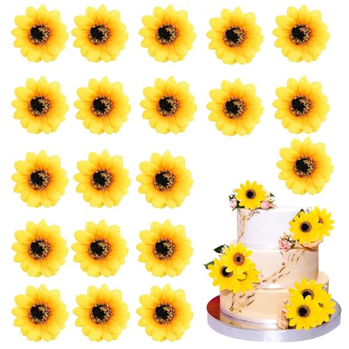 20 Stück Sonnenblumen-Kuchendekorationen, Geburtstagskuchenaufsätze, 7,5 cm, künstliche Blumen-Kuchendekoration für Frauen, Hochzeits-Cupcake-Topper, Sonnenblumenkuchendekorationen für Partyzubehör von CavspkArt