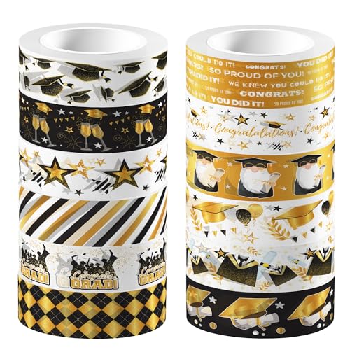 CavspkArt 12 Rollen Graduation Washi Tape Set,Gold Washi Dekoratives Klebeband,Graduation Scrapbooking Masking Tapes für DIY Craft,Scrapbook,Planer,Verpackung von CavspkArt