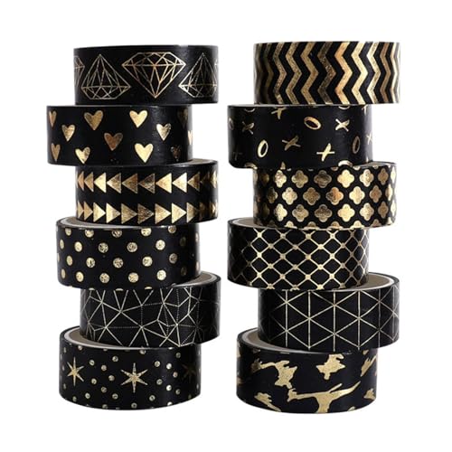 CavspkArt 12 Rollen Washi Tape Set,Schwarz Goldfolie Dekoratives Klebeband,Japanisches Washi Masking Tape,Masking Tape Klebeband für DIY Kunsthandwerk,Planer,Scrapbooking,Geschenkverpackungen von CavspkArt