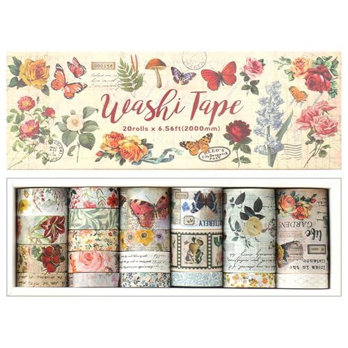 CavspkArt 20 Rollen Vintage Washi Tape Set Blumen Schmetterling Dekorative Klebeband Masking Tapes DIY Handwerk Ästhetische Washi Klebeband für Scrapbooking Planer Geschenkverpackungen von CavspkArt