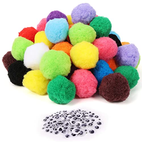 Caydo [200 Stück] 100 Stück 5,1 cm große Pompons mit 100 Stück Wackelaugen, verschiedene Farben, Bastel-Pompon-Bälle für Bastelprojekte, Dekorationen von Caydo