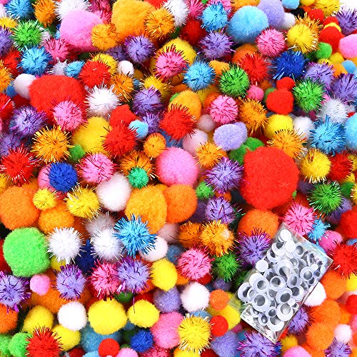 Caydo 2000 Stück verschiedene Größen, mehrfarbige Pompons, Glitzer-Pompons mit 4 Größen, Wackelaugen für Hobby-Bastelbedarf von Caydo