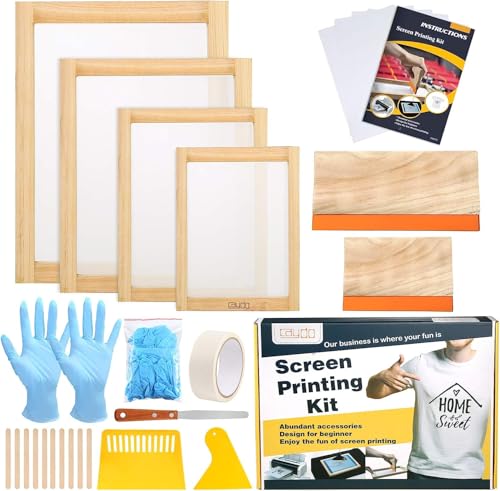 Caydo 31-teiliges Siebdruck Starter-Set beinhaltet 4 verschiedene Größen von Holz Siebdruck Rahmen mit 110 Mesh, Rakeln, Inkjet-Transparenzfilm, Tintenmesser, Handschuhe und Maskenband von Caydo