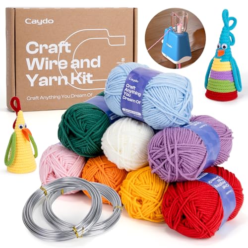 Caydo Aluminium Handwerk Draht und Acrylgarn Skeins Kit für DIY Handwerk Herstellung, lernen Sie, iCord mit i Cord Strickmaschine zu stricken, 8x25g Garn,2 Rolle 5M x 3 mm Draht von Caydo