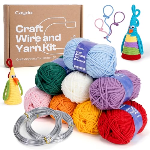 Caydo Aluminium Handwerk Draht und Acrylgarn Skeins Kit für DIY Handwerk Herstellung, lernen Sie, iCord mit i Cord Strickmaschine zu stricken, 8x25g Garn,2 Rolle 5M x 3 mm Draht von Caydo