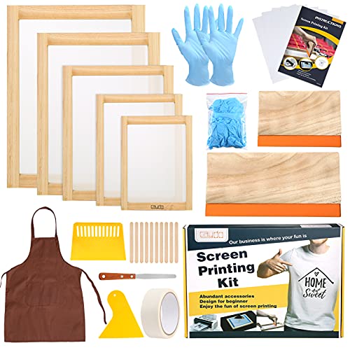 Caydo Das 33-teilige Siebdruck-Set enthält 5 Siebdruckrahmen mit 110 Netzgewebe, Rakel, Inkjet-Transparenzfolie, Tintenmesser, Handschuhe, Schürze und Maskenband von Caydo