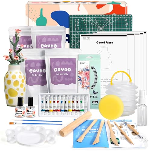 Caydo 2KG Töpferset für Anfänger mit lufttrocknendem Ton, Töpferwerkzeug, Anleitung, Acrylfarben, Selbsttrocknender Ton Diy Set Erwachsene Keramik Bemalen Set von Caydo