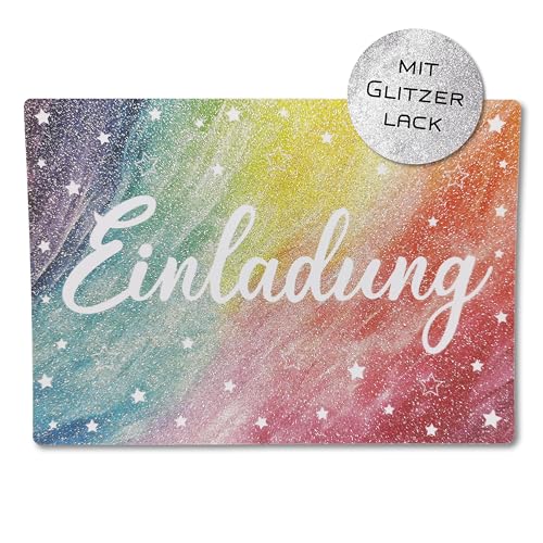 12 Einladungskarten in Regenbogen Farben für Kindergeburtstag | mit echtem Glitzer | für Mädchen oder Jungs | Invitation Rainbow Birthday Party Sterne Glitzerlack von Caymar - Captured In Print