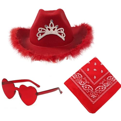 Cazqgoy Cowboyhut, Cowboyhut, Cowgirl-Hut, leuchtende Farben, Filz-Cowgirl-Hut für Frauen, attraktives Zubehör, Polyester, quadratischer Schal, Herz, Brillen-Set (rot) von Cazqgoy