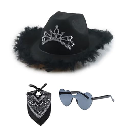 Cazqgoy Cowboyhut, Cowboyhut, Cowgirl-Hut, leuchtende Farben, Filz-Cowgirl-Hut für Frauen, attraktives Zubehör, Polyester, quadratischer Schal, Herz, Brillen-Set (schwarz) von Cazqgoy